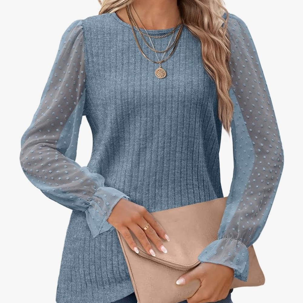 Blue long sleeve top with Swiss dot mesh arms - Picture 2 of 2